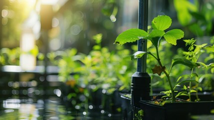 Wall Mural - Modern vegetable farming in a greenhouse with neon lights.