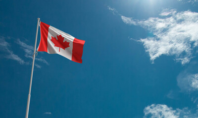 Canada flag blue sky background wallpaper copy space white cloud canadian country national celebration patriotism independence freedom 1 first day date st july month holiday canada day outdoor culture