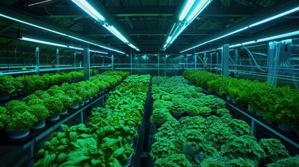 Wall Mural - Modern vegetable farming in a greenhouse with neon lights.