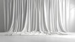 © horizon - Minimalistic background with soft light in an empty white room, featuring a large white stage curtain on the wall, embodying a minimal style.