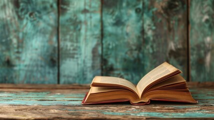 Open book on rustic wooden table with turquoise plank background