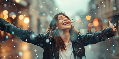 Poster - Beautiful woman in a leather jacket opens her arms wide, with a happy facial expression and closed eyes enjoying the rain on a city street.