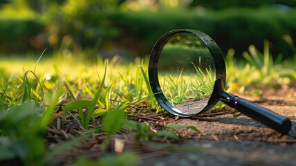 Poster - Magnifying glass on ground focusing sunlight grass