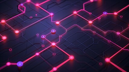 Poster - Glowing circuit board with pink and blue lights - This image showcases a complex network of electronic circuits with glowing pink and blue nodes, emphasizing technology and connectivity