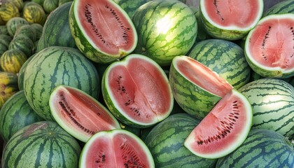Wall Mural - A multitude of large, sweet green watermelons forms a visually appealing background, promising a refreshing and delicious treat.