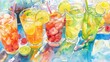 Soft watercolor depiction of a summer picnic with a spread of lemon-lime and fruit-flavored sodas, evoking a cheerful, sunny day