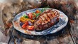 Watercolor of a rustic steak dinner set on a wooden table, highlighting the succulent cuts and rich colors of grilled vegetables