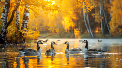 Wall Mural - Canadian geese swimming on a forest pond in Autumn