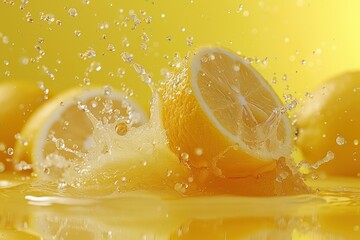 Wall Mural - A splash of water is falling on a yellow lemon.