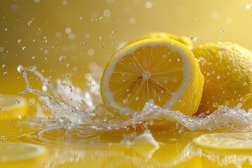 Wall Mural - A splash of water is falling on a yellow lemon.