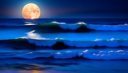 Wall Mural - A photo of a moonrise over the ocean at night with a dramatic sky and waves crashing onto the shore