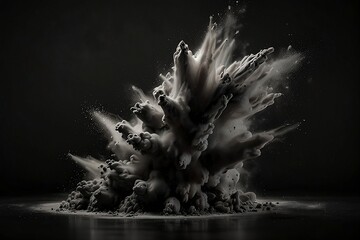 Black chalk pieces and powder flying, explosion effect isolated on black, clipping path