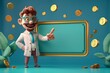 A cartoon man in a lab coat is pointing to a blank sign, 3D illustrate
