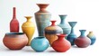 A colorful display of different shaped and sized clay pots vases and bowls on a white background..