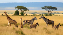 In The Savanna Ecoregion, A Diverse Plant Community Provides Food And Shelter For A Herd Of Giraffes And Zebras Grazing Peacefully Under The Vast Blue Sky