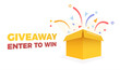 Gift box package exploding in confettis vector illustration, giveaway enter to win text. Contest with prize and rewards banner