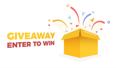 Gift box package exploding in confettis vector illustration, giveaway enter to win text. Contest with prize and rewards banner