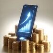 3D.Smartphone on Gold Coins Displaying Rising Graph Hologram