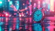 A classic alarm clock in focus symbolizing urban life and time management isolated vibrant neon-lit city background. Retro realistic style