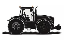 Tractor Silhouette With Side View, On Isolated White Background. Vector Illustration.