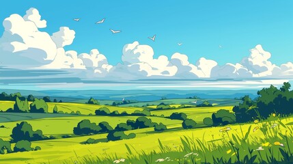 Wall Mural - nature landscape with blue sky. nature landscape with blue sky clouds wallpaper. cartoon illustratio