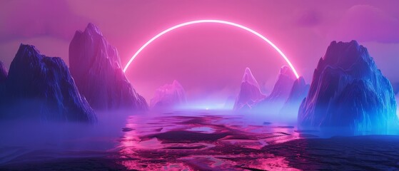 Wall Mural - 3d render, abstract minimalist background, pink violet blue neon arch, mysterious terrain, strange landscape, line glowing in the dark