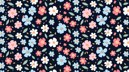 Wall Mural - A cute floral pattern with small flowers and leaves on a dark blue background.