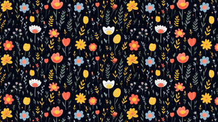 Canvas Print - A seamless pattern of colorful flowers and leaves on a dark background.