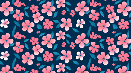 Canvas Print - A seamless pattern of cute cartoon flowers and leaves on a dark blue background.