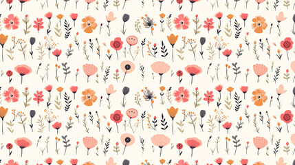 Wall Mural - A seamless pattern of cute hand drawn flowers and leaves in pink, orange and grey on a cream background.