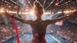 A beautiful gymnast with a red ribbon in the air on blurred sport stadium . Olympic Games concept.