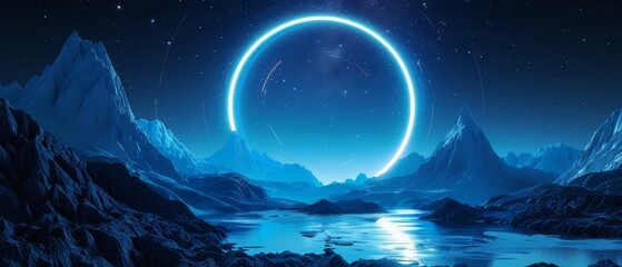 Wall Mural - Beautiful minimalistic fantastic landscape. Bright blue neon circle among the mountains against the background of a rotating night starry sky. 3d illustration