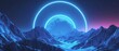 Beautiful minimalistic fantastic landscape. Bright blue neon circle among the mountains against the background of a rotating night starry sky. 3d illustration