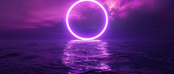 Poster - Glowing neon purple circle ring line with reflections on water, lights, waves abstract vintage background, ultraviolet, spectrum vibrant colors, laser show. 3d render illustration