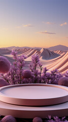 Wall Mural - Empty product podium with lavender, ellipse, frosted set against abstract panoramic background with lavender flowers around, in the style of 3D render