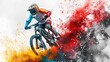 A biker taking off from a mountain bike, with vivid hues streaking over a white backdrop lovely artwork sports notion and space, Generative AI.