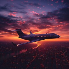 Silhouetted Passenger Jet Soaring into Vibrant Sunset Sky with Cityscape Below