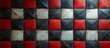 Detailed close-up shot showcasing a striking red and black tiled wall featuring a classic black and white checkered pattern