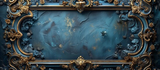 Detailed view of a beautiful frame in blue and gold colors featuring an ornate leaf motif, rich in elegant craftsmanship