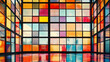 Colorful abstract mosaic background, a vibrant and modern room with a wall of colorful glass panels in red, blue, yellow, and other bright colors, a Korean traditional style color combination