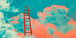 Red ladder going up to sky collage. Stairs to the clouds. Development concept.