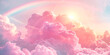 Pink fluffy clouds, sun shining and rainbow illustration. Banner of beautiful sky