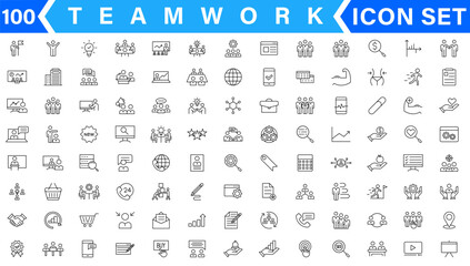 Business teamwork, team building, work group and human resources minimal thin line web icon set. Outline icons collection