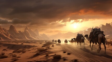 Naklejka na meble Photorealistic image of a long caravan in the rays of the scorching sun at dramatic sunset. Delivery of goods and cargo to cities where there are no roads.