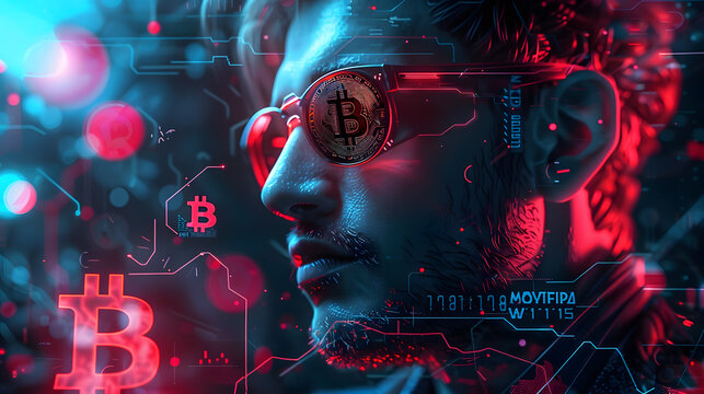 man software engineer cyberpunk crypto market bitcoin trading bitcoin logo glasses