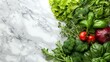Fresh raw greens, unprocessed vegetables and grains over light grey marble kitchen countertop, top view, copy space, Clean eating, healthy, vegan, vegetarian, detox, dieting food concept