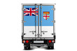 A truck with the national flag of  Fiji depicted on the tailgate drives against a white background. Concept of export-import, transportation, national delivery of goods