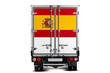 A truck with the national flag of  Spain depicted on the tailgate drives against a white background. Concept of export-import, transportation, national delivery of goods