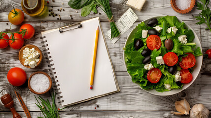 Wall Mural - a photo of white blank notepad, pencil and tape on the table with salad bowl, measuring tapers, green chives, tomato slices, black olives and feta cheese nearby, healthy eating concept. 