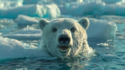 arctic bear with a mischievous smile peeking out from behind an ice floe